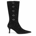 Betty Blue sort nubuck damestøvle med langt skaft, fem spænder, spids snude og smal hæl.