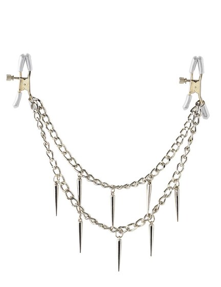 Rock Hard Nipple Clamps brystvorteklemmer i metal med gummiovertræk, justeringsskruer og metalkæde.