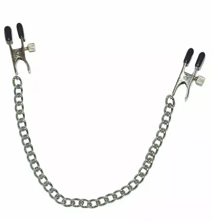 Fetish Collection Boob Chain SX brystklemmer med justeringsskruer, gummihætter og metalkæde