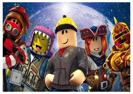 Roblox A3 sukkerprint med fem figurer foran lysende fuldmåne og mørk stjernehimmel