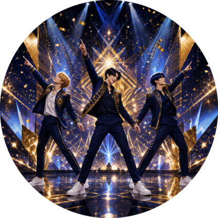 Rundt K-pop sukkerprint med marineblåt dansehold og geometriske guldlys