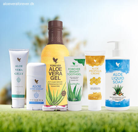 Aloe Vera Gelly, Aloe Propolis Creme, Forever Bright Toothgel, Forever Aloe Vera Gel og Aloe Lips, samt Aloe Liquid Soap.