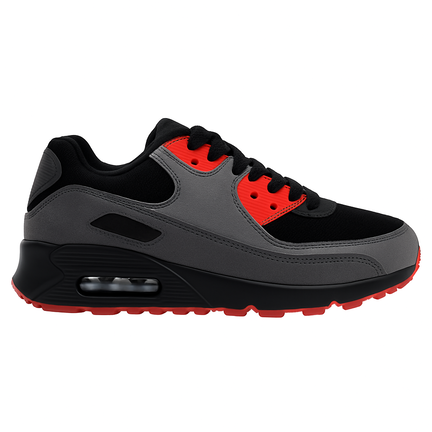 Unisex sneaker i grå, sort og rød med synlig luftpude og rød ydersål,