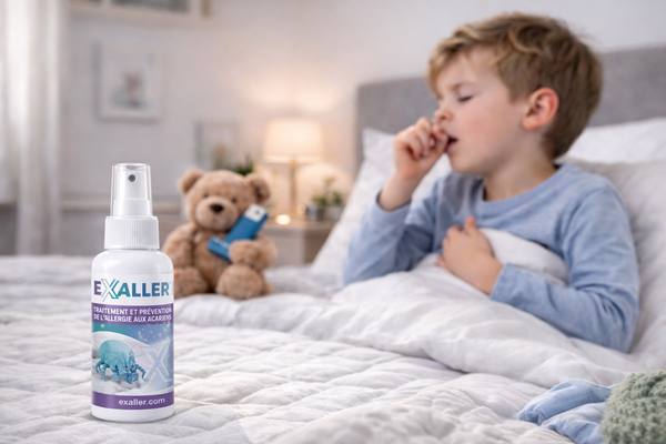 Viser et barn der hoster sikkert pga. husstøvmider - ExALLER reducerer med 90%
