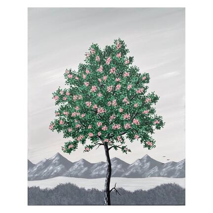 maleri grøn træ lyserøde blomster 40x50 cm