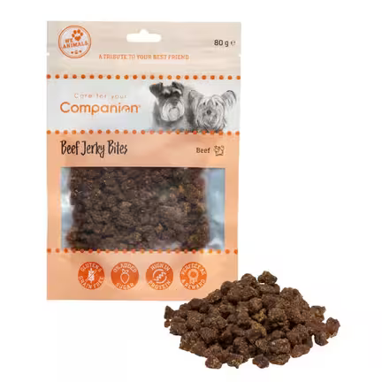 Companion Beef Jerky Bites – Tørrede godbidder med oksekød til hunde, vist i indbydende emballage