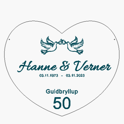Guldbryllup æresport hjerte i træ med duer og ringe – Design 07 med navne og dato