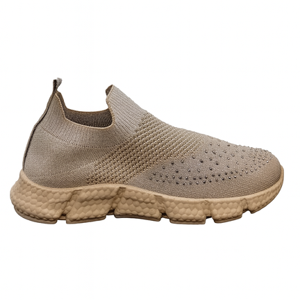 Beige slip-on sneaker med strikket overdel, rhinsten og chunky sål