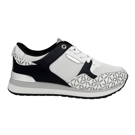 Sort og hvid dame sneaker med grafisk mønster og sølvdetaljer