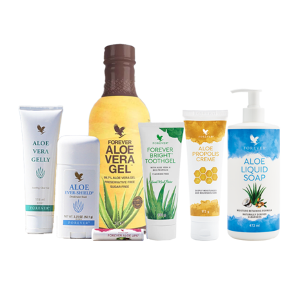 Syv bestsellers Aloe vera baserede hudpleje produkter og Aloe vera naturel drik fra Forever Living