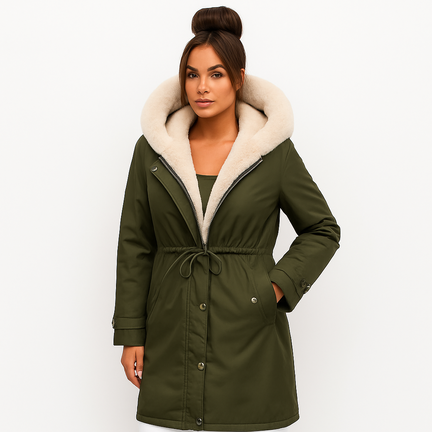 Olivengrøn damevinterjakke med teddyforing og hætte – varm, elegant og figursyet vinterfrakke.