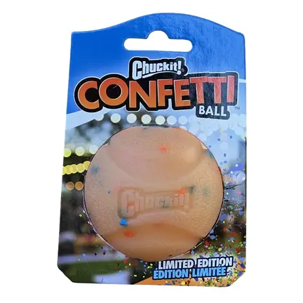 Chuckit Confetti Ball Medium i naturfarvet naturgummi med farvede konfettistykker i Limited Edition-emballage