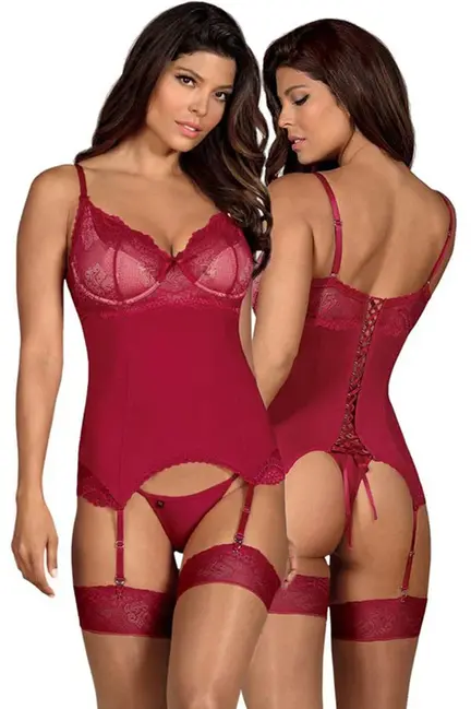 Obsessive Rosalyne Corset Red i rød blonde med hofteholder og trusse
