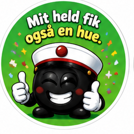 Sjovt studenter sukkerprint med teksten Mit held fik også en hue til cupcakes, cookies og studenterkager