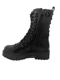 Sort militærstøvle med perler, kraftig sål og lynlås i siden.