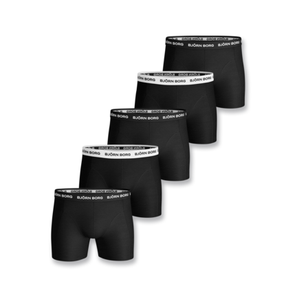 Björn Borg boxershorts 5-pak. Komfortabel og stilfuld hverdag med 5 sorte par. Skiftevis hvid og sort kant. Hovedstof: 95% bomuld, 5% elastan.