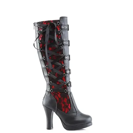 Sort og rød snørestøvle med høj hæl, spænder og snøre – fetish og clubwear design.