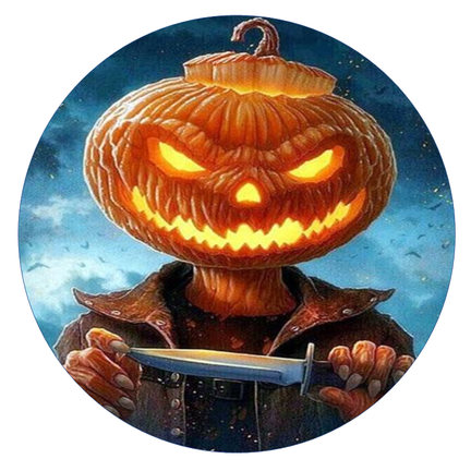 Rundt Halloween sukkerprint med mørk knivfigur, glødende jack-o'-lantern-græskarhoved og blå nattehimmel
