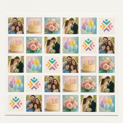 A4 Mix-Ark med forskellige firkantede sukkerprint med egne fotos og festmotiver