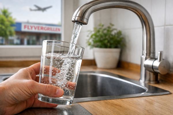 billedet viser vand i en glas og med en flyver i baggrunden. Omhandler nitrat i vandet i Tårnby komnune