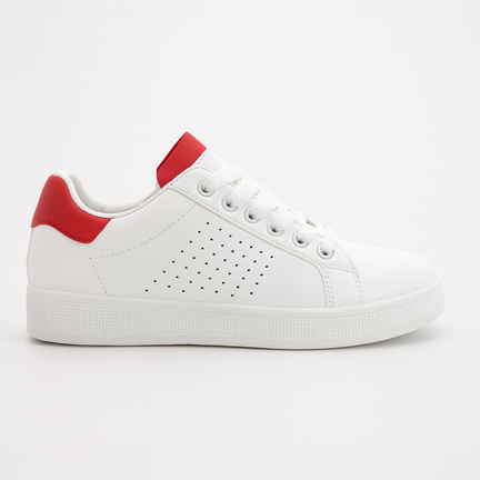 Hvide sneakers med røde detaljer, klassisk unisex design med komfortabel pasform og moderne look.