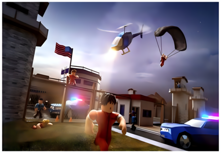 Roblox A4 kagebillede med flygtende figur, helikopter med søgelys, faldskærm og politibil