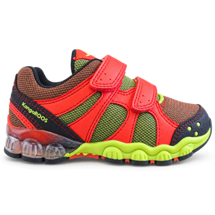 KangaROOS Volt Red/Lime børnesneaker i rød, limegrøn og sort med velcrolukning.