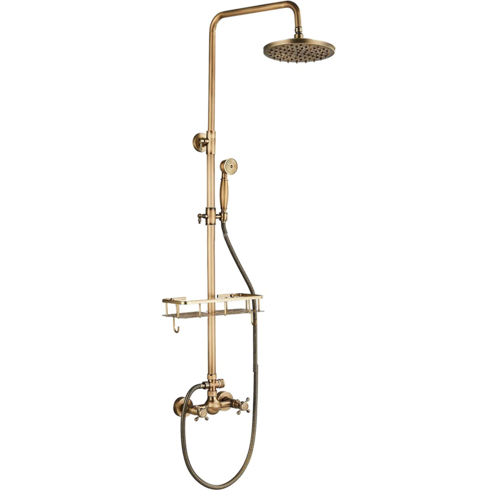 Udendørs bruser med håndbruser i messing finish m. shampoohylde - koldt og varmt vand