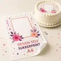 Design selv sukkerprint A4 med eget motiv ved siden af en pyntet kage