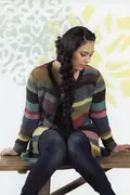 strikket stribet cardigan i stærke farver, tuk-tuk cardigan designet af Annette Danielsen, strikket i Isagergarn