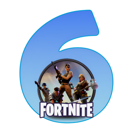 Rundt Fortnite sukkerprint med blåt 6-tal og heltegruppe