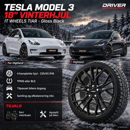 Tesla Model 3 med IT WHEELS TIAR 18 tommer Gloss Black og vinterdæk – illustration af komplet hjulsæt.