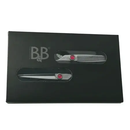 B&B Saksesæt med en 6" lige saks til grundlæggende klipning og en 6" efilersaks til udtynding og formgivning.