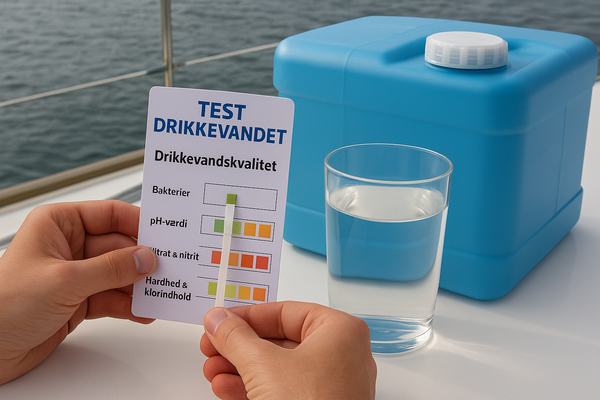 Billedet viser en gør-det-selv test af drikkevandet ombord på en båd