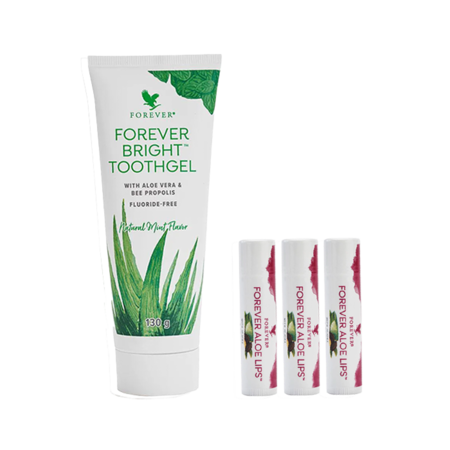 1 stk. Forever Bright Toothgel tandpasta og 3 stk. Aloe Lips læbepomade sampak