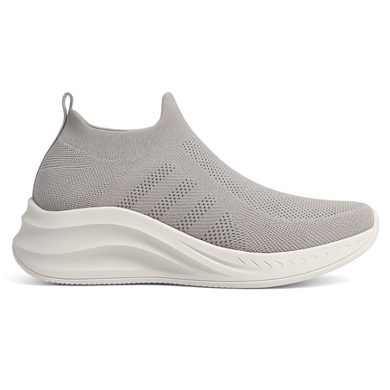 Let grå slip-on damesneaker med strikoverdel og høj komfortsål