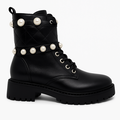 Sort dame combat boot med perledetaljer og quiltet skaft