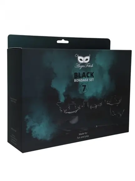 Argus Fetish Bondage Set 7 – komplet sort bondage sæt med manchetter, pisk, gag-ball og blindfold