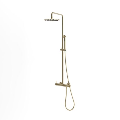 Sined PARETE LEVANTE ORO Væghængt udendørsbruser i AISI 316L rustfrit stål messing/guld 25 cm brusehoved varmt og koldt vand