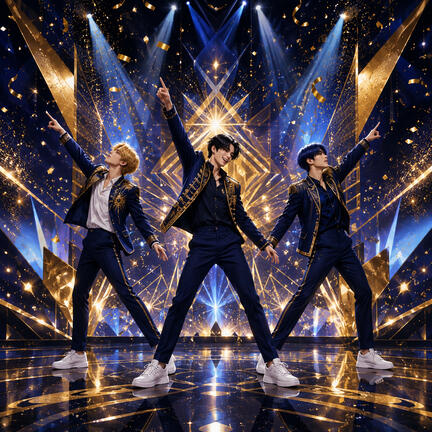 Kvadratisk K-pop sukkerprint med marineblåt dansehold og geometriske guldlys