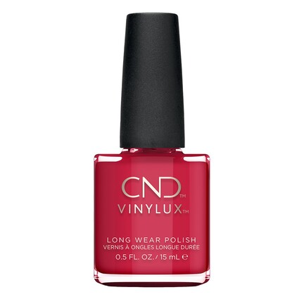 Neglelakflaske med sort låg viser teksten "CND VINYLUX LONG WEAR POLISH VERNI À ONGLES LONGUE DURÉE 0.5 FL. OZ./15 mL e". Flasken står mod en hvid baggrund.