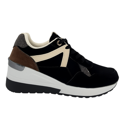 Sort damesneaker med beige kant, brun hælkappe og hvid sål