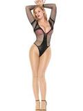 Sort net bodysuit med lange ærmer og dyb udskæring – one size
