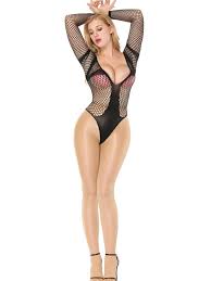 Sort net bodysuit med lange ærmer og dyb udskæring – one size