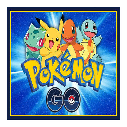 Kvadratisk Pokémon-inspireret kageprint med Pokémon GO-logo, Pikachu og startfigurer
