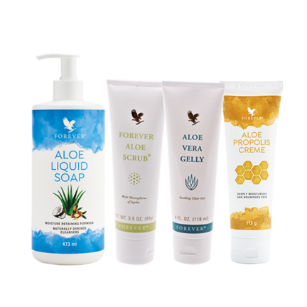 Classic Kit med Aloe vera produkterne Aloe Liquid Soap, Forever Aloe Scrub, Aloe Vera Gelly og Aloe Propolis Creme