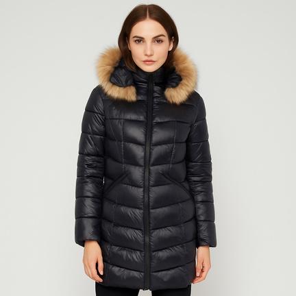 Sort damevinterjakke med pelskant og hætte – elegant, varm og vandafvisende overtøj til vinter.