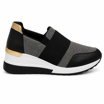 Slip-on sneakers med kilehæl – sort, guld & grå