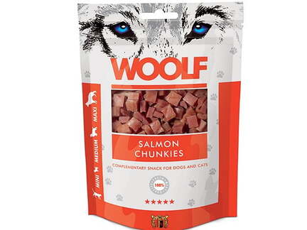 Woolf Salmon Chunkies 100 g – Bløde laksegodbidder til hunde