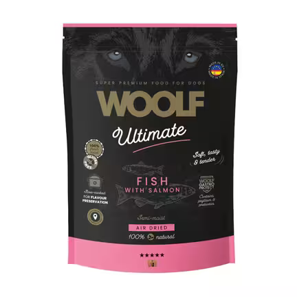 WOOLF Ultimate Semi Moist Hundefoder Fisk med Laks | 1 kg | 100% frisk kød | Glutenfri | Slow Cooked | Air Dryed